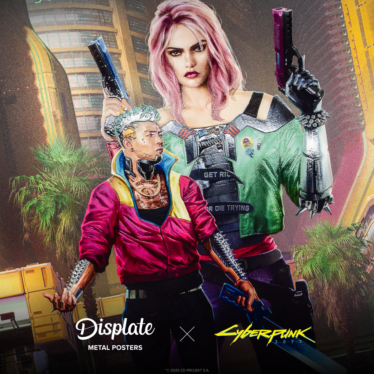 Displate's tweet photo. Preem art, straight from Night City! Officially licensed Cyberpunk 2077 metal posters for chooms who know 😎