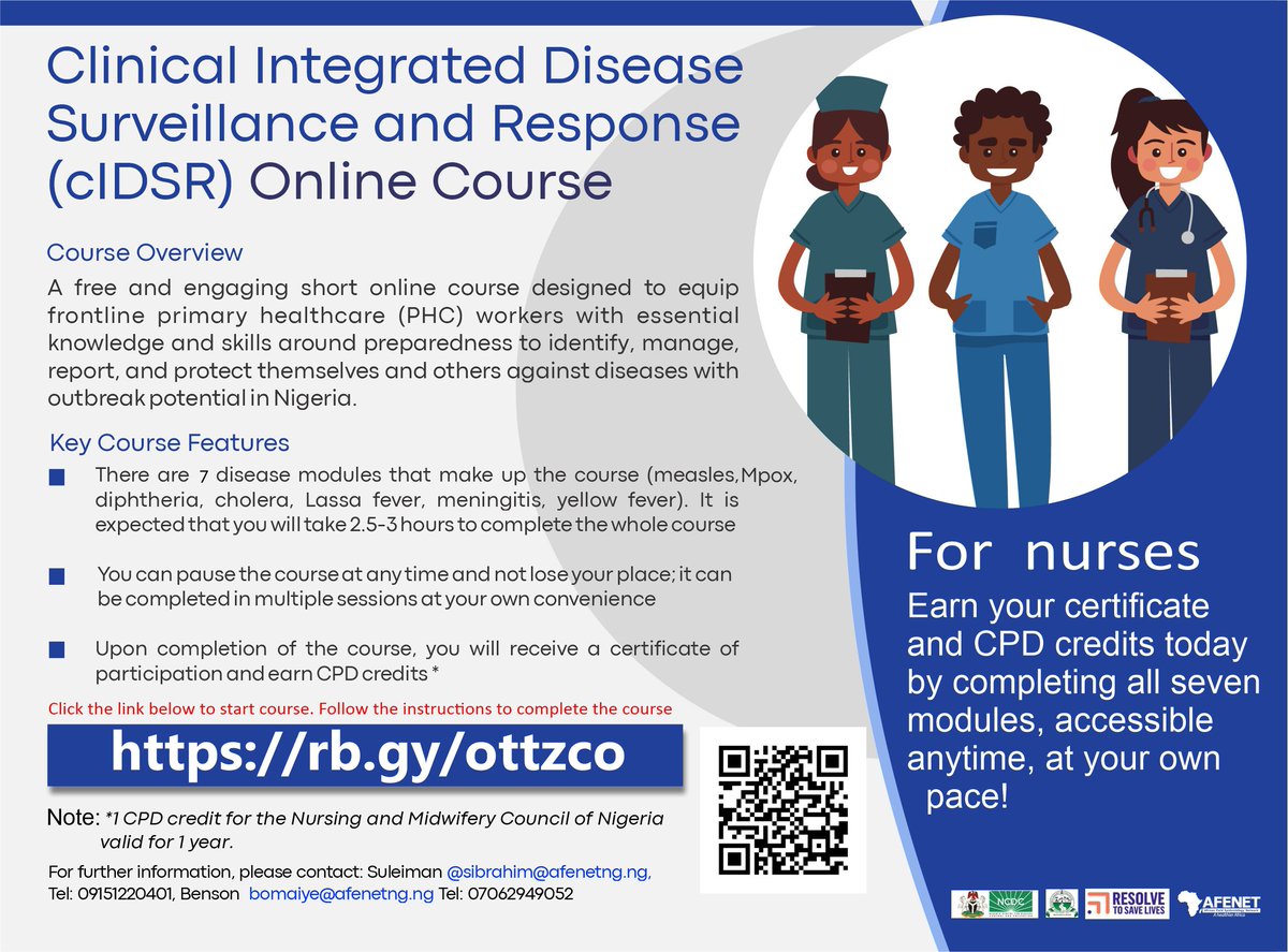 AFENET Nigeria (@afenetnigeria) on Twitter photo ARE YOU A NURSE? The refreshed clinical IDSR online course is here. Register and complete the course @ rb.gy/anpegx to earn CPD credit. Implemented by <a href="/AfenetNigeria/">AFENET Nigeria</a> with support from <a href="/ResolveTSL/">Resolve to Save Lives</a>, and in collaboration with <a href="/NCDCgov/">NCDC</a> and <a href="/NphcdaNG/">NPHCDA</a> ARE YOU A NURSE? The refreshed clinical IDSR online course is here. Register and complete the course @ rb.gy/anpegx to earn CPD credit. Implemented by <a href="/AfenetNigeria/">AFENET Nigeria</a> with support from <a href="/ResolveTSL/">Resolve to Save Lives</a>, and in collaboration with <a href="/NCDCgov/">NCDC</a> and <a href="/NphcdaNG/">NPHCDA</a>
