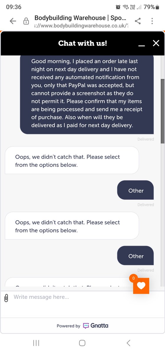 mojooohhh's tweet photo. @BBWarehouse I am trying to contact you regards am order it made last night but your email address is non-reply and your automated chat is useless [see pics] please DM me to provide proof of my purchase [money taken from PayPal] amd when to expect my NEXT DAY delivery. https://t.co/ZqVsiCTkaR