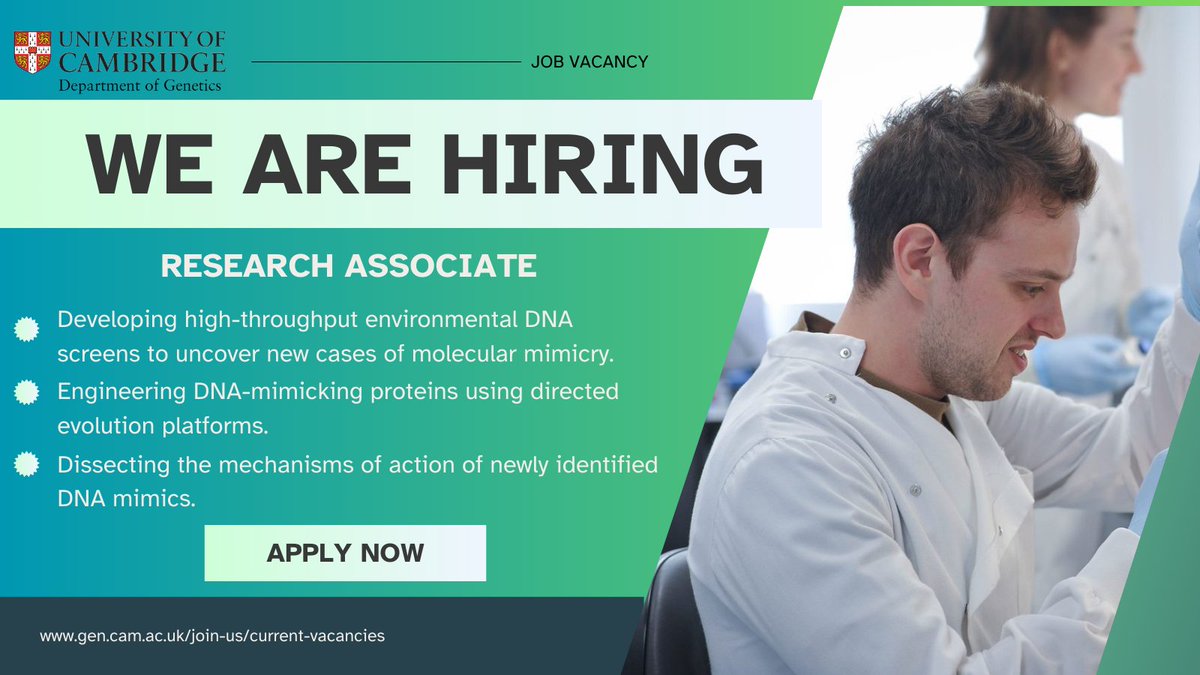GeneticsCambridge (@geneticscam) on Twitter photo 📢 Apply now! We are recruiting an Research Associate with <a href="/antoine_hocher/">Antoine Hocher</a> exploring molecular mimicry and chromatin evolution 🧬
Find out more about the position and apply: jobs.cam.ac.uk/job/50652/ 📢 Apply now! We are recruiting an Research Associate with <a href="/antoine_hocher/">Antoine Hocher</a> exploring molecular mimicry and chromatin evolution 🧬
Find out more about the position and apply: jobs.cam.ac.uk/job/50652/