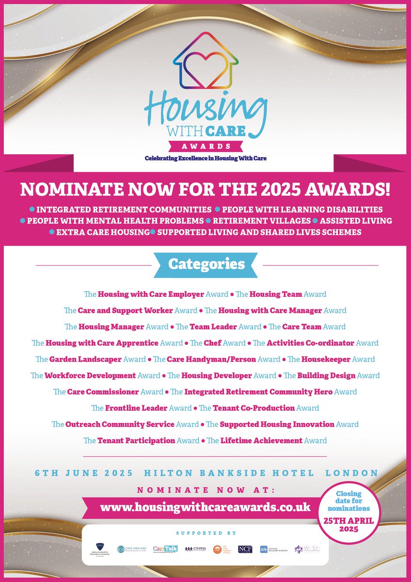 ⏳ Nominations for the Housing with Care Awards are closing soon! Don't miss your chance to recognise excellence in care. 🏅 

Submit here: bit.ly/3v3RCrn 

#CareAwards #HousingWithCare