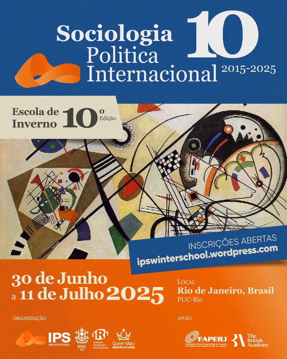 IPS Brazil Network (@brasilips) on Twitter photo As inscrições já estão abertas para a 10a edição da Escola de Inverno da IPS!
Prazo para inscrições 15 de maio em bit.ly/3J603qa.
O cronograma completo pode ser encontrados no link acima.
Para qualquer dúvida, envie-nos um e-mail: ipswinterschool@puc-rio.br As inscrições já estão abertas para a 10a edição da Escola de Inverno da IPS!
Prazo para inscrições 15 de maio em bit.ly/3J603qa.
O cronograma completo pode ser encontrados no link acima.
Para qualquer dúvida, envie-nos um e-mail: ipswinterschool@puc-rio.br