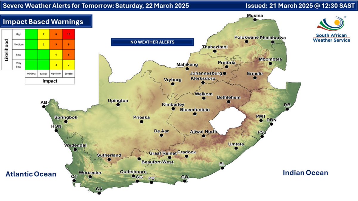 ⛈️Weather &amp; severe weather alerts for today &amp; tomorrow, 21 - 22 March 2025.
Isolated showers &amp; thundershowers are expected over the central &amp; eastern parts of the country, but they will be scattered over the south-western interior.
#saws #weatheroutlook #southafricanweather