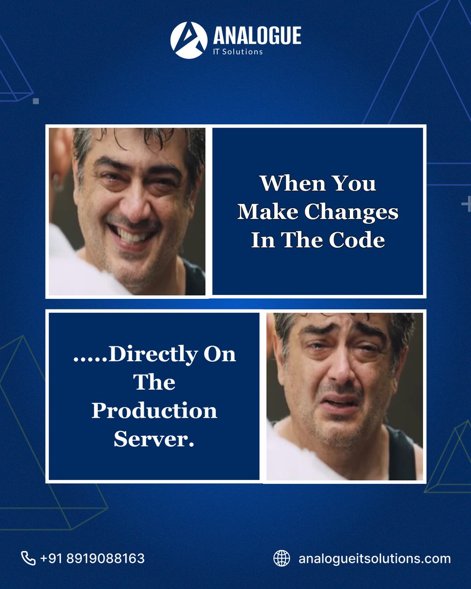 AnalogueIt's tweet image. Developer Nightmare Alert! 🚨😂
That moment of joy when you fix a bug… until you realize you did it directly on the production server! 😭💀
💬 Tag a developer who can relate!
.
.
#DeveloperMemes #CodingFails #TechHumor #AppDevelopment #AnalogueITSolutions