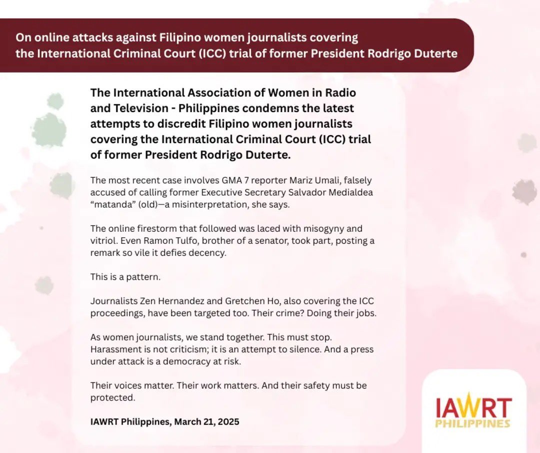 zenhernandez's tweet photo. Reposting this statement from IAWRT Philippines. Nobody has the right to discredit and disparage the hard work, not just of women, but all journalists in the field. I salute fellow colleagues for the persistence and courage to pursue stories depite challenges and adversities. https://t.co/P0l6bgzxxW