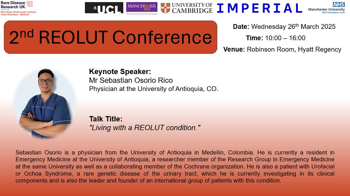 REOLUT - Rare Disease Research UK (@reolut) on Twitter photo 🚨1 WEEK TO GO & SPEAKER ANNOUNCEMENT🚨
🎙️Mr. Sebastian Osorio Rico - University of Antioquia
📢“Living with a REOLUT condition"
✨2nd REOLUT Conference
🗓️26th March 2025
🏨 Hyatt Regency, Manchester
🎟️Online registration: buytickets.at/rdrukepigenrar…
<a href="/sebas_osorio29/">Sebastian Osorio-Rico</a>
<a href="/RDRUKHub/">Rare Disease Research UK</a> 🚨1 WEEK TO GO & SPEAKER ANNOUNCEMENT🚨
🎙️Mr. Sebastian Osorio Rico - University of Antioquia
📢“Living with a REOLUT condition"
✨2nd REOLUT Conference
🗓️26th March 2025
🏨 Hyatt Regency, Manchester
🎟️Online registration: buytickets.at/rdrukepigenrar…
<a href="/sebas_osorio29/">Sebastian Osorio-Rico</a>
<a href="/RDRUKHub/">Rare Disease Research UK</a>