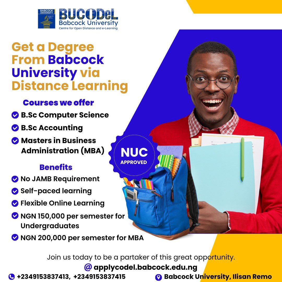 babcockcodel's tweet photo. Earn your Undergraduate or Postgraduate degree through our distance learning programs today. Also get into tech with our specialised short duration courses
Join us today and be partaker of this amazing journey. #onlineeducation #computerscience #Accounting #mba #distancelearning https://t.co/M2gp2HolAl