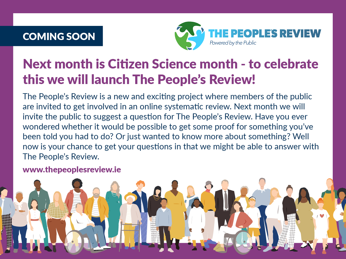 Evidence Synthesis Ireland (@evidsynirl) on Twitter photo Launching next month ......The People's Review <a href="/ThePeoplesRev/">The People's Review</a>
The People's Review is a new and exciting way to participate in research, where the public decides all the major steps of a systematic review.
Find out more: thepeoplesreview.ie
📩tinyurl.com/bdh6vkmd Launching next month ......The People's Review <a href="/ThePeoplesRev/">The People's Review</a>
The People's Review is a new and exciting way to participate in research, where the public decides all the major steps of a systematic review.
Find out more: thepeoplesreview.ie
📩tinyurl.com/bdh6vkmd