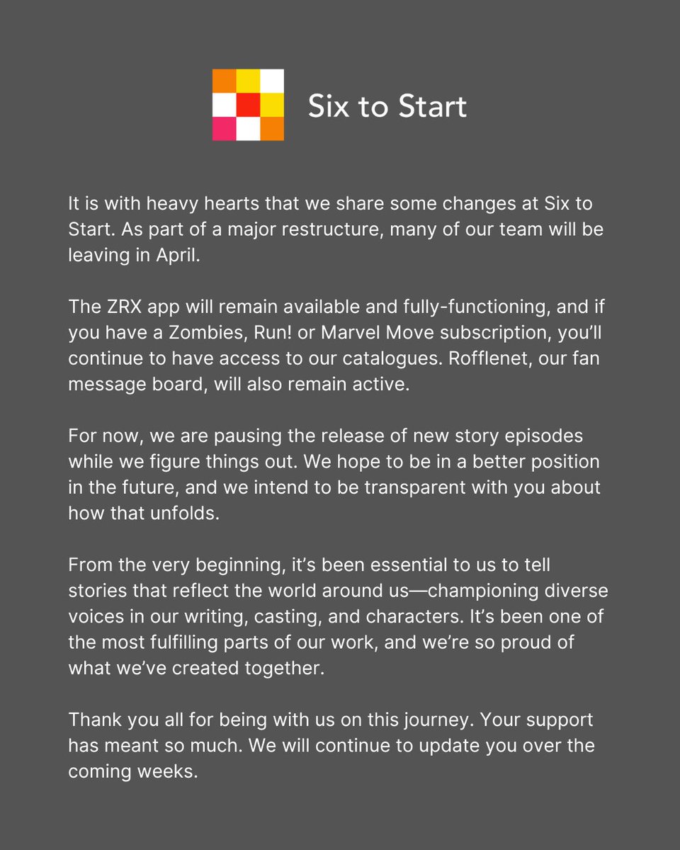 An update from Six to Start.

Full text is also available in the image alt text.