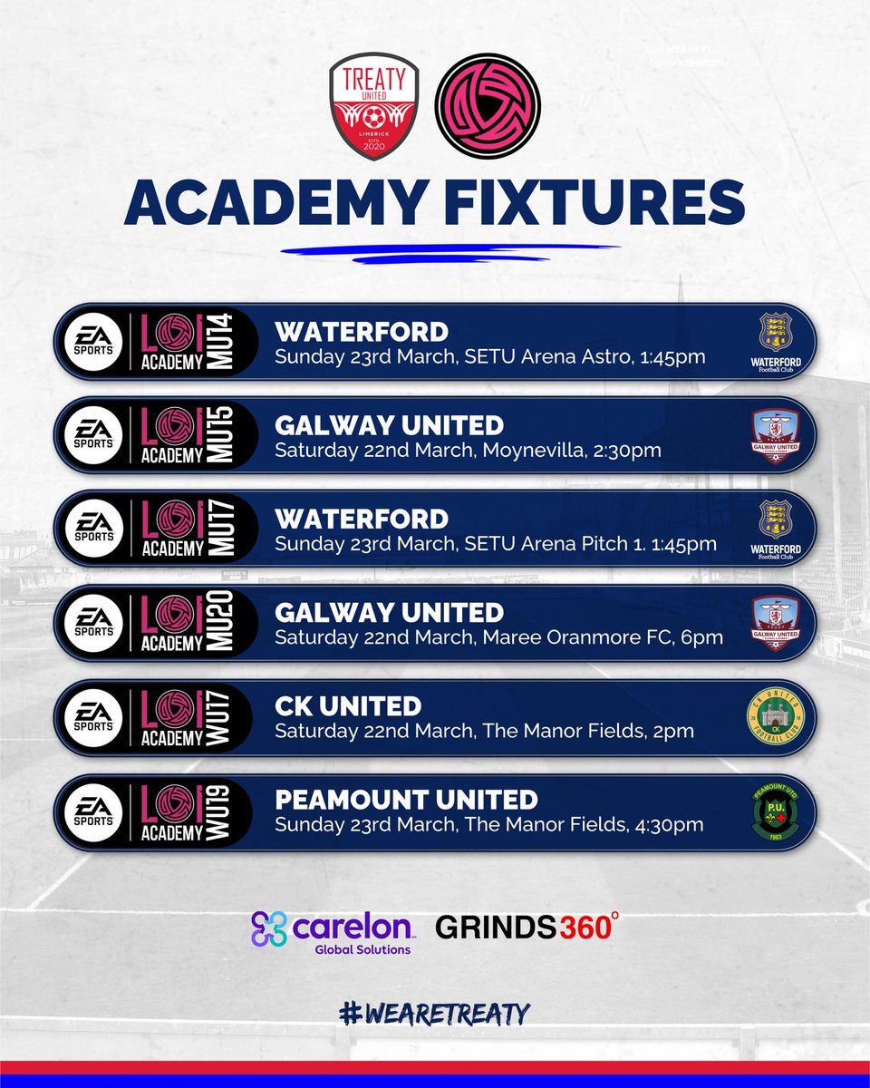 𝗧𝗿𝗲𝗮𝘁𝘆 𝗨𝗻𝗶𝘁𝗲𝗱 𝗖𝗮𝗿𝗲𝗹𝗼𝗻 𝗔𝗰𝗮𝗱𝗲𝗺𝘆 𝗙𝗶𝘅𝘁𝘂𝗿𝗲𝘀

All six academy sides are in EA Sports LOI Academy action this weekend!

With both home and away matches this week, we can’t wait to see our players in action!

#WeAreTreaty