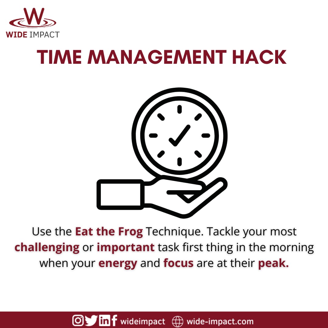 WideImpact's tweet photo. Start your day strong by focusing on your most important task first. The Eat the Frog technique helps you prioritize and stay productive when your energy is highest. Tackle challenges early and build momentum. #wideimpact #TimeManagement #WorkProductivity #ProfessionalGrowth https://t.co/LILPVRuGhN