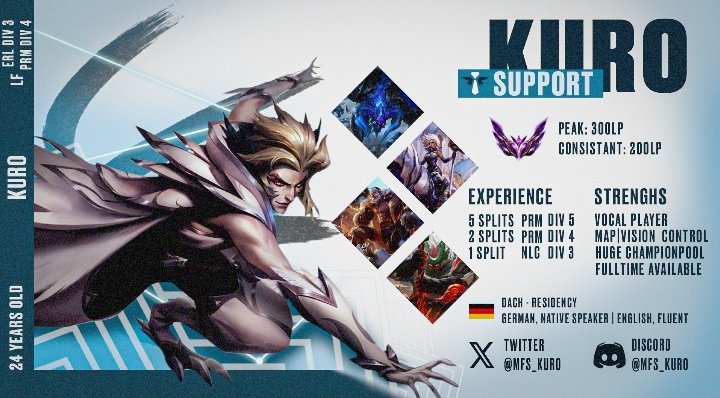 Nach einem Off Split suche ich für den kommenden Split ein Div 4 / 5 Team. Für mehr Infos einfach per Discord schreiben. 
<a href="/lft_prm/">LFT PRM</a>
