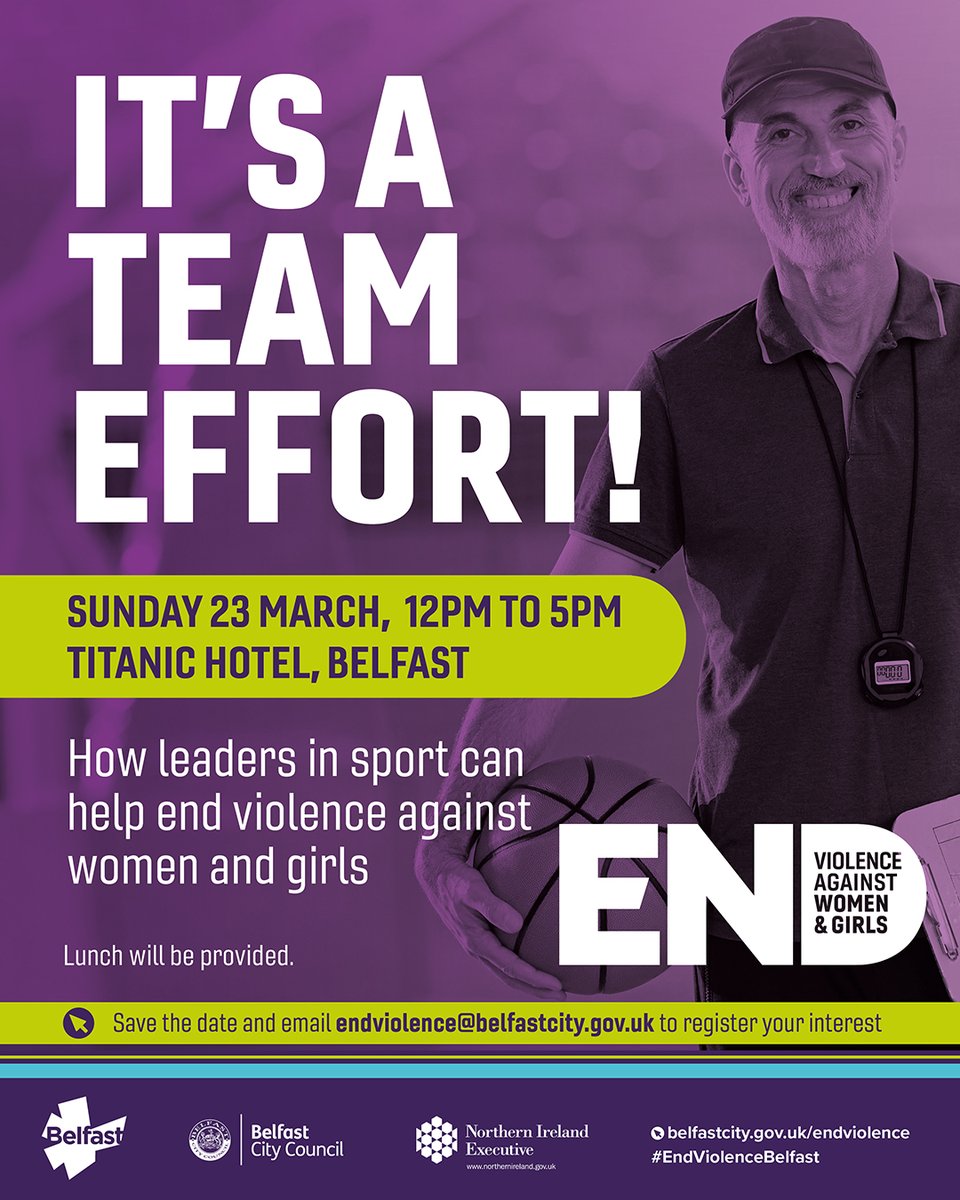 Belfast City Council (@belfastcc) on Twitter photo Still a few places left at this Sunday's It's a Team Effort conference for sports clubs, coaches & volunteers.
Come along, 12pm-5pm, to Titanic Hotel to hear how you & your teammates can support work to #EndViolenceBelfast
Email endviolence@belfastcity.gov.uk to book places. Still a few places left at this Sunday's It's a Team Effort conference for sports clubs, coaches & volunteers.
Come along, 12pm-5pm, to Titanic Hotel to hear how you & your teammates can support work to #EndViolenceBelfast
Email endviolence@belfastcity.gov.uk to book places.