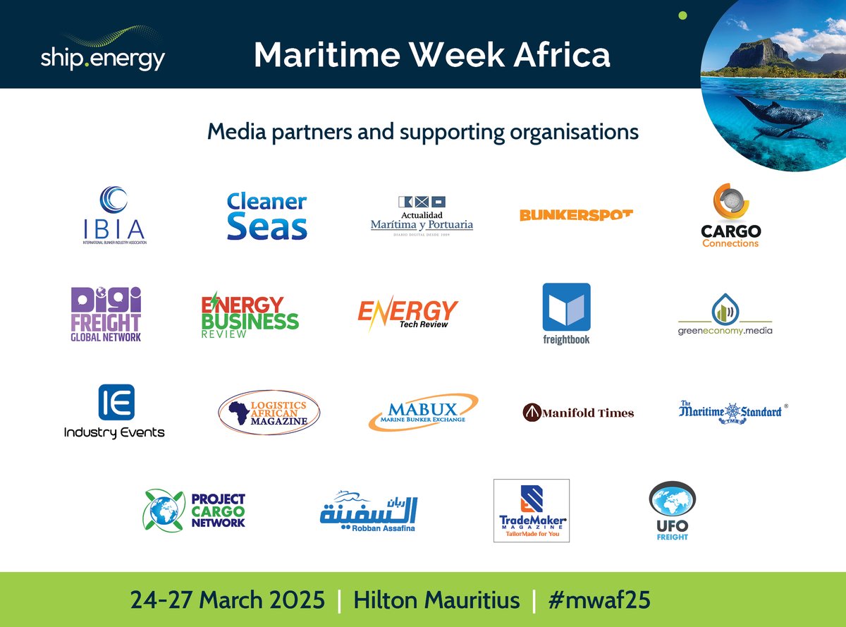 Petrospot (@petrospot) on Twitter photo Thank you to our Media Partners and Supporting Organisations for helping us to promote Maritime Week Africa 2025 starting next week in Mauritius.
<a href="/ActualidadMP/">Actualidad Maritima</a>
<a href="/Bunkerspot/">Bunkerspot</a>
@CargoConnections
<a href="/cleaner_seas/">Cleaner Seas</a>
<a href="/digifreight/">digifreight</a>
<a href="/EnergyBusiness4/">Energy Business Review</a>
<a href="/energytechreviw/">Energy Tech Review</a>
#MWAF25 #Africa Thank you to our Media Partners and Supporting Organisations for helping us to promote Maritime Week Africa 2025 starting next week in Mauritius.
<a href="/ActualidadMP/">Actualidad Maritima</a>
<a href="/Bunkerspot/">Bunkerspot</a>
@CargoConnections
<a href="/cleaner_seas/">Cleaner Seas</a>
<a href="/digifreight/">digifreight</a>
<a href="/EnergyBusiness4/">Energy Business Review</a>
<a href="/energytechreviw/">Energy Tech Review</a>
#MWAF25 #Africa