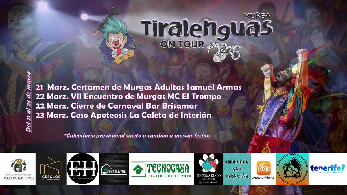 TRLNGS ON TOUR ‘25 🐍🎺

📆 Actualizamos calendario de actuaciones y salidas para este Carnaval 2025, aquí las actuaciones de estos próximos días.

*Calendario provisional sujeto a cambios y nuevas fechas.

#TRLNGS25