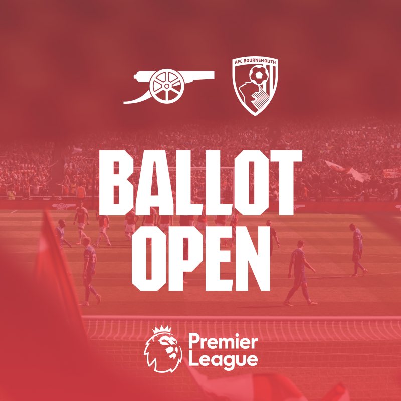 🚨Bournemouth ballots open. 

Closes: Monday 24th March 10am

💳 Ballot Results ⚪️ 27 March 🔴 1 April
🏟️ Match Date: 3 May 2025
🎟️Cat: B £42.60-£81.80
