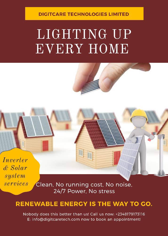 DigitcareTech's tweet photo. Say goodbye to working or sleeping in the dark by investing in a solar inverter, an economical renewable energy source.

Send us a DM to know better. https://t.co/qd27nUgX8s