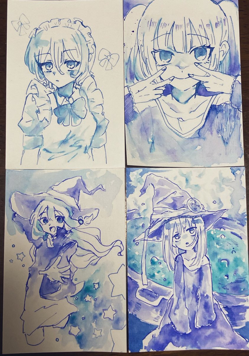 セリアのインクとガラスペンを入手したので使ってみました。
左上からZ方向に4枚。だんだんと画材に慣れていって楽しかったです。 