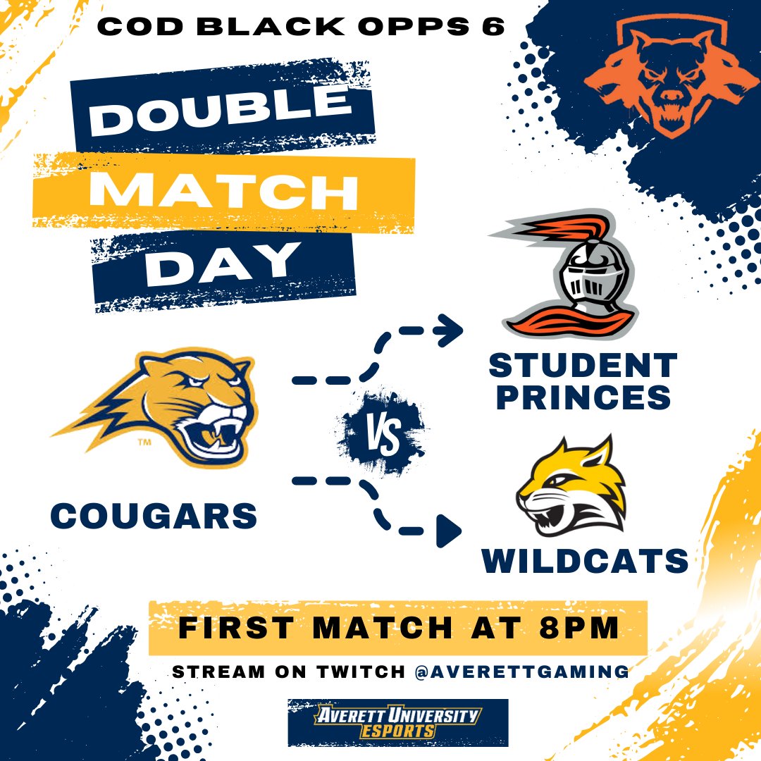 We have two epic matches streaming tonight! First beginning at 8pm your Averett Cougars take on Heidelburg University's Student Princes followed by the Wayne State College Wildcats.

Catch the stream on twitch @averettgaming

#Callofduty #Averettgaming #bethedifferece #esports