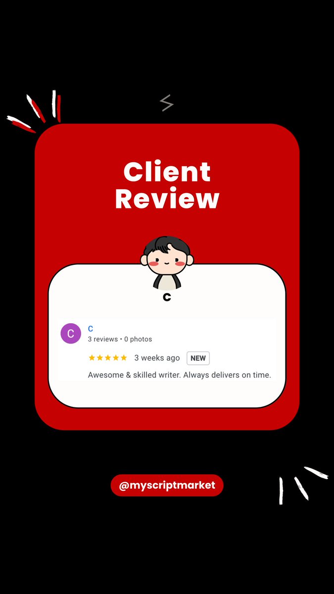 wescriptmarket's tweet image. When professionals talk, they talk about The Script Market.

Your next script? Try putting it in expert hands.

#YouTubescriptwriter #ScriptMarket #Reviews #Scriptwriter #Scriptwritingreviews #happyclients