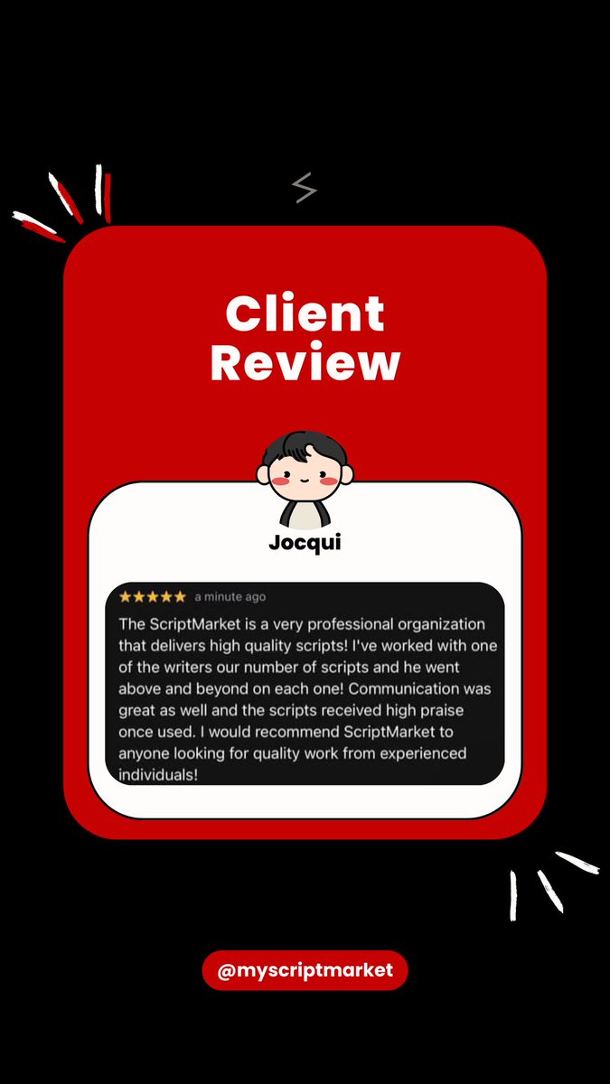 wescriptmarket's tweet image. When professionals talk, they talk about The Script Market.

Your next script? Try putting it in expert hands.

#YouTubescriptwriter #ScriptMarket #Reviews #Scriptwriter #Scriptwritingreviews #happyclients