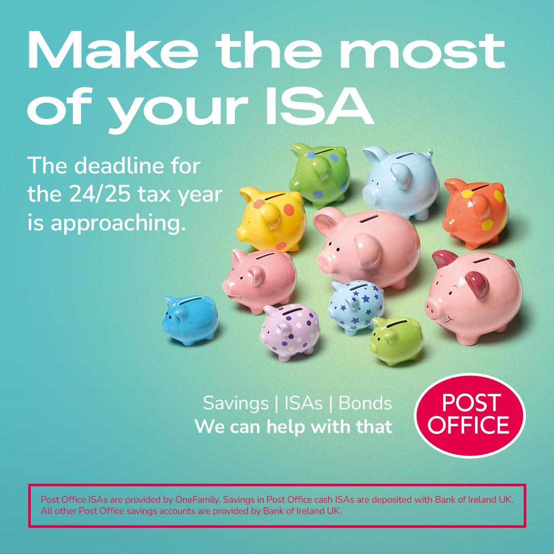 Maximise your savings before the tax year ends! 🌟 Visit us today to open or top up your ISA in branch and enjoy tax-free growth.