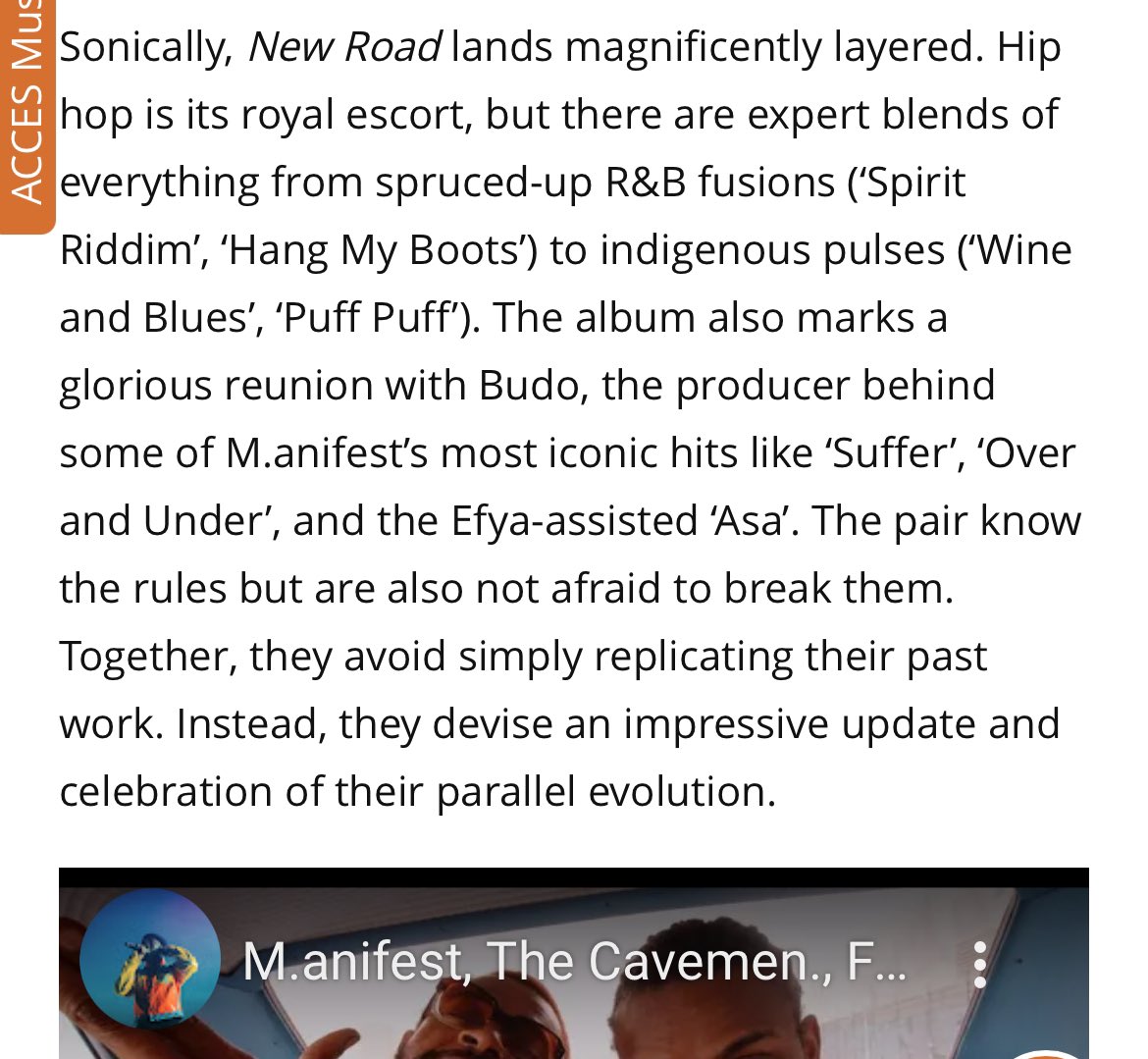 “M.anifest is an exceptional expositor; a venerated veteran; a generational genius. What we hear when we listen to his work is uniquely singular sonic tourism, drenched in personal experiences and sharp social observations.”

✍🏿 <a href="/myershansen/">Hansen!</a> <a href="/MusicInAfrica/">Music In Africa</a> 

🔗