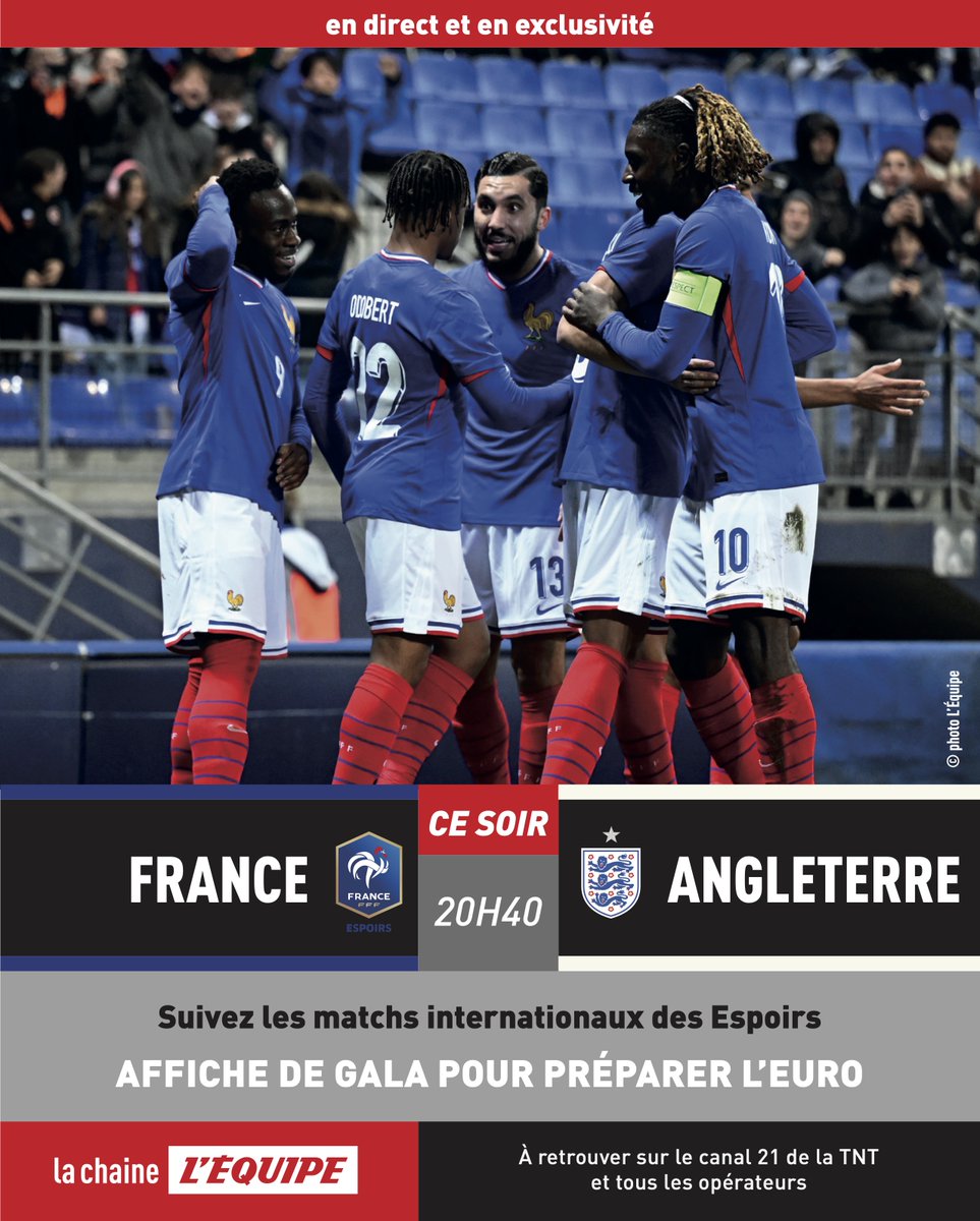 L'ÉQUIPE Pro (@lequipe_pro) on Twitter photo ⚽️ Espoirs France-Angleterre
🕘 20h40
📺 <a href="/lachainelequipe/">la chaine L'Équipe</a>
🎙️ <a href="/RaphaelSebaoun/">Raphael Sebaoun</a> et <a href="/starragolequipe/">Tarrago sebastien</a> ⚽️ Espoirs France-Angleterre
🕘 20h40
📺 <a href="/lachainelequipe/">la chaine L'Équipe</a>
🎙️ <a href="/RaphaelSebaoun/">Raphael Sebaoun</a> et <a href="/starragolequipe/">Tarrago sebastien</a>