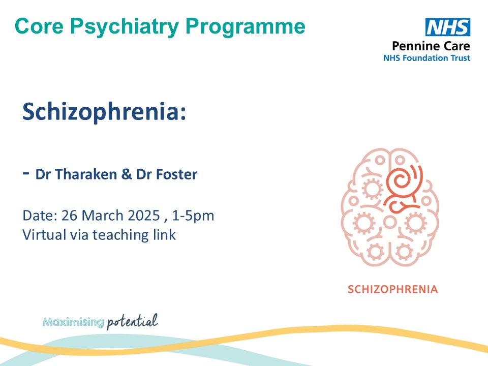 Pennine Care Medical Education (@penninemeded) on Twitter photo Don't forget to come and join next weeks weekly teaching session on "Schizophrenia" 1-5pm presented by Dr Tharaken and Dr Foster, via a virtual teaching link :)<a href="/PennineCareNHS/">Pennine Care NHS FT</a> Don't forget to come and join next weeks weekly teaching session on "Schizophrenia" 1-5pm presented by Dr Tharaken and Dr Foster, via a virtual teaching link :)<a href="/PennineCareNHS/">Pennine Care NHS FT</a>