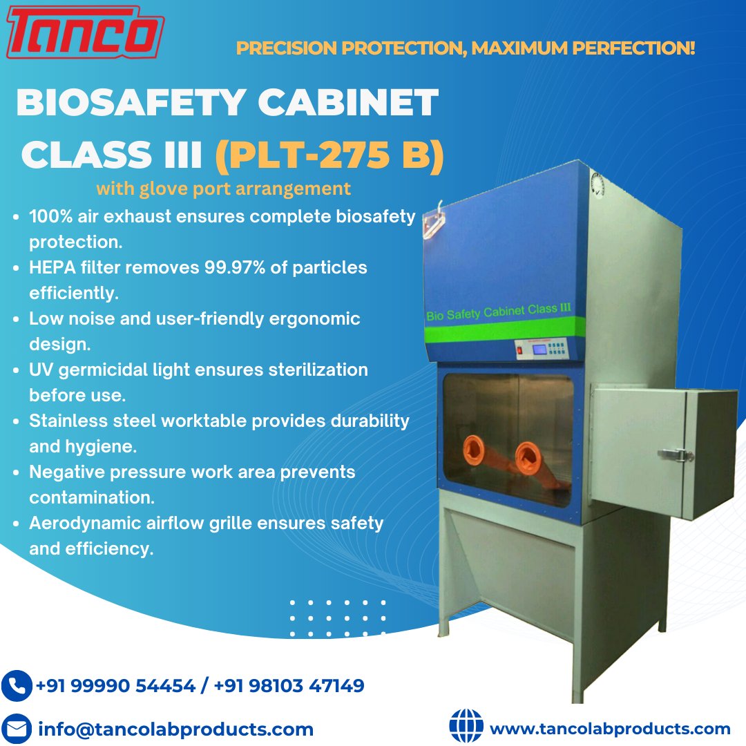 tancolab's tweet photo. Tanco Biosafety Cabinet – Your Shield Against Contamination!
Engineered for maximum protection, our Class III Biosafety Cabinet ensures 100% air filtration, low-noise operation, and HEPA-filtered exhaust to safeguard personnel, products, and the environment.

#tancolabsolutions https://t.co/8yhsh6e13Y