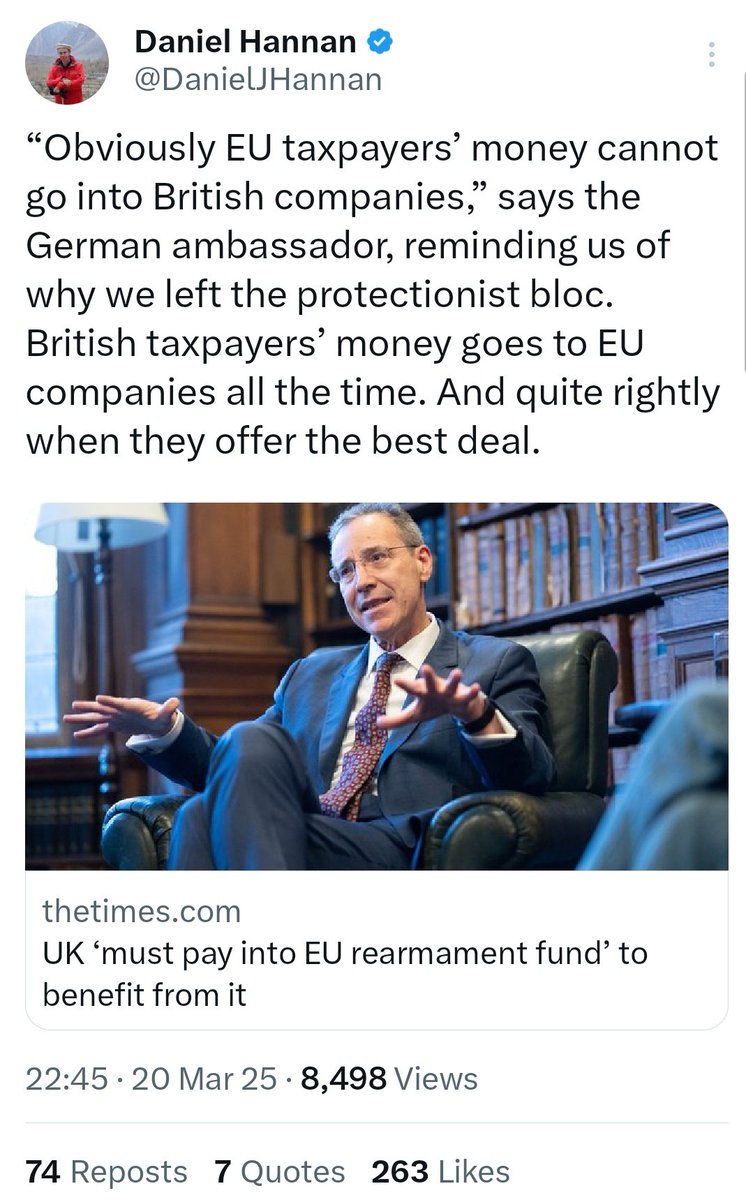 Idiot who campaigned to leave "protectionist bloc" now angry that we are outside that "protectionist bloc"
🙄
Hannan's takes are dependably silly