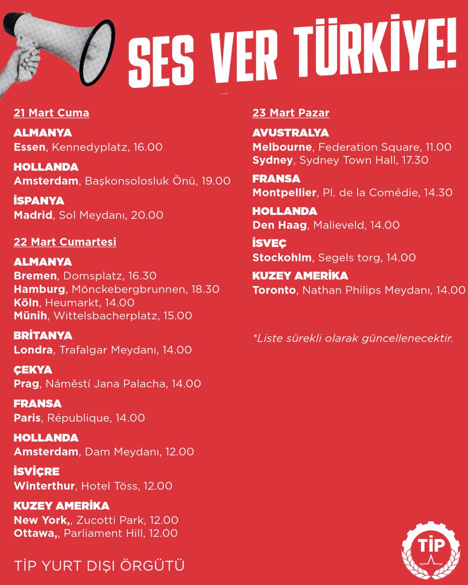 Halk iradesine yönelik siyasi darbeyi reddediyor, dünyanın dört bir yanından emekçi halkımızın direnişine ses veriyoruz. Bütün yurttaşlarımızı bulundukları her yerde bu sesi yükseltmeye çağırıyoruz. 

Saray Rejiminin karanlığına karşı iradenle #SesVerTürkiye !