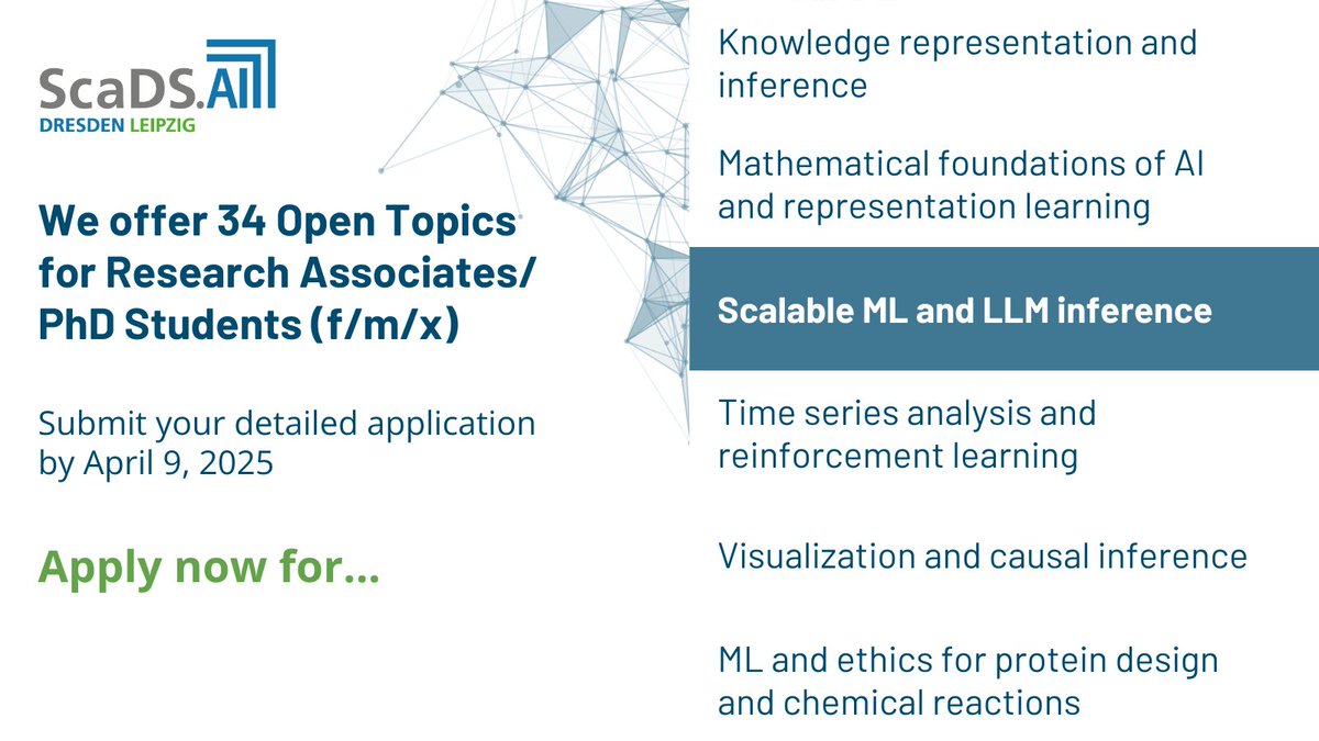 Sca_DS's tweet image. 🎓 Scalable Machine Learning and Large Language Model inference
Your #PhDOpportunity in #AIResearch @Sca_DS:
Apply now for one of the 8 possible PhD topics in the area #ScalableML and #LLMinference!
👉 scads.ai/about-us/job-o…