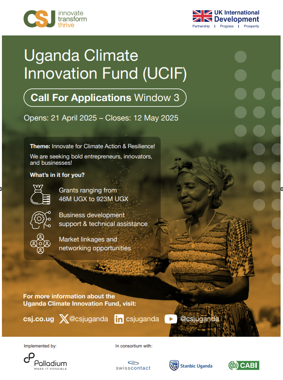 csjuganda's tweet photo. Are you an Innovator? Join the Uganda Climate Innovation Fund (UCIF) hackathon this weekend at the Makerere University Innovation Pod. We're looking for climate solutions for smallholder farmers. Details in poster below. Visit https://t.co/NVUnBAEtFk #ClimateHackathon https://t.co/r24aTdNy9F