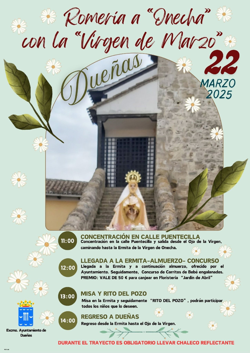🚶‍♂️ Romería a la Virgen de Marzo - Dueñas 🌸

📅 Este domingo, 22 de marzo únete a la tradicional Romería a la Virgen de Marzo en Dueñas. Disfruta de un día lleno de devoción y diversión con muchas actividades. 

¡No faltes a esta tradición! 🙏🎉
