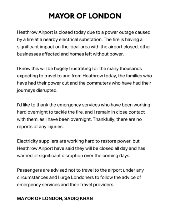 A public statement from the Mayor of London, Sadiq Khan, regarding a power outage at Heathrow Airport