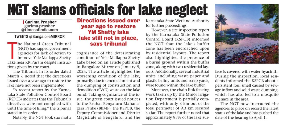 MedahalliRising's tweet photo. 🚨 NGT slams officials for neglecting Yele Mallappa Shetty Lake in Bengaluru. Despite court orders from March 7, restoration efforts are stalled.Encroachment,sewage,waste dumping continue to degrade the lake, with 85% of its surface impacted. #BengaluruLakes #EnvironmentalNeglect https://t.co/BGeYkZ0lys