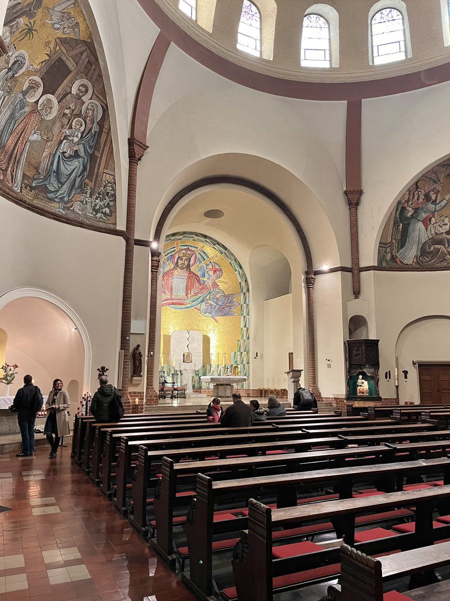 stoneroberts's tweet image. St Norbert Catholic Church, Berlin Schöneberg. Original church 1916, bombed WWll. Preserved and incorporated into new church Fehling & Gogel architects 1958-62. Interior is modified remnant wrapped in a new tower, sculptural wall and ancillary block.
