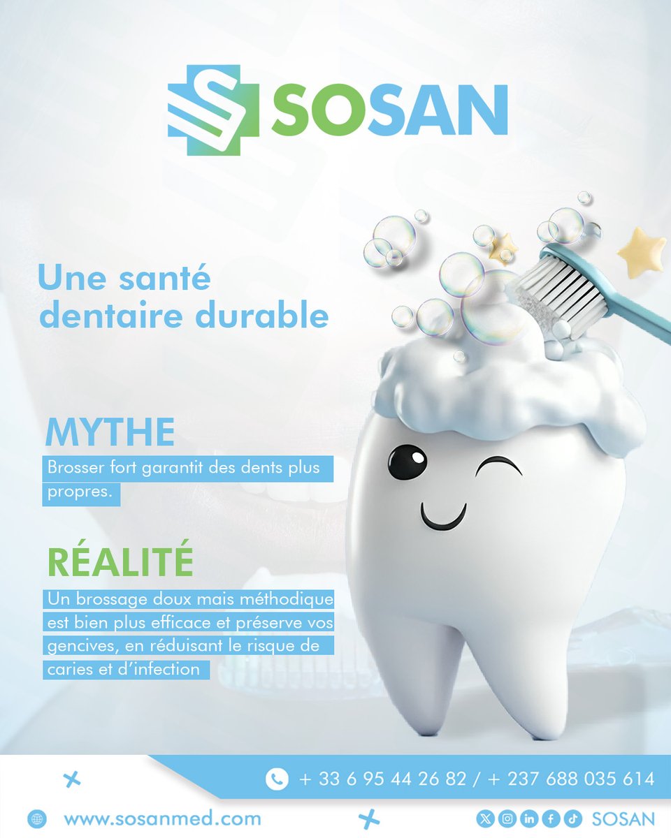 SosanOfficiel's tweet photo. Mythe ou Réalité 

🦷 Brosser fort ? Mieux vaut éviter !
❌ Le Mythe : Plus vous brossez vigoureusement, plus vos dents seront propres.
✅ La Réalité : Brossage doux = dents saines, gencives protégées et aucun traumatisme. https://t.co/fPvmDeJ2w8