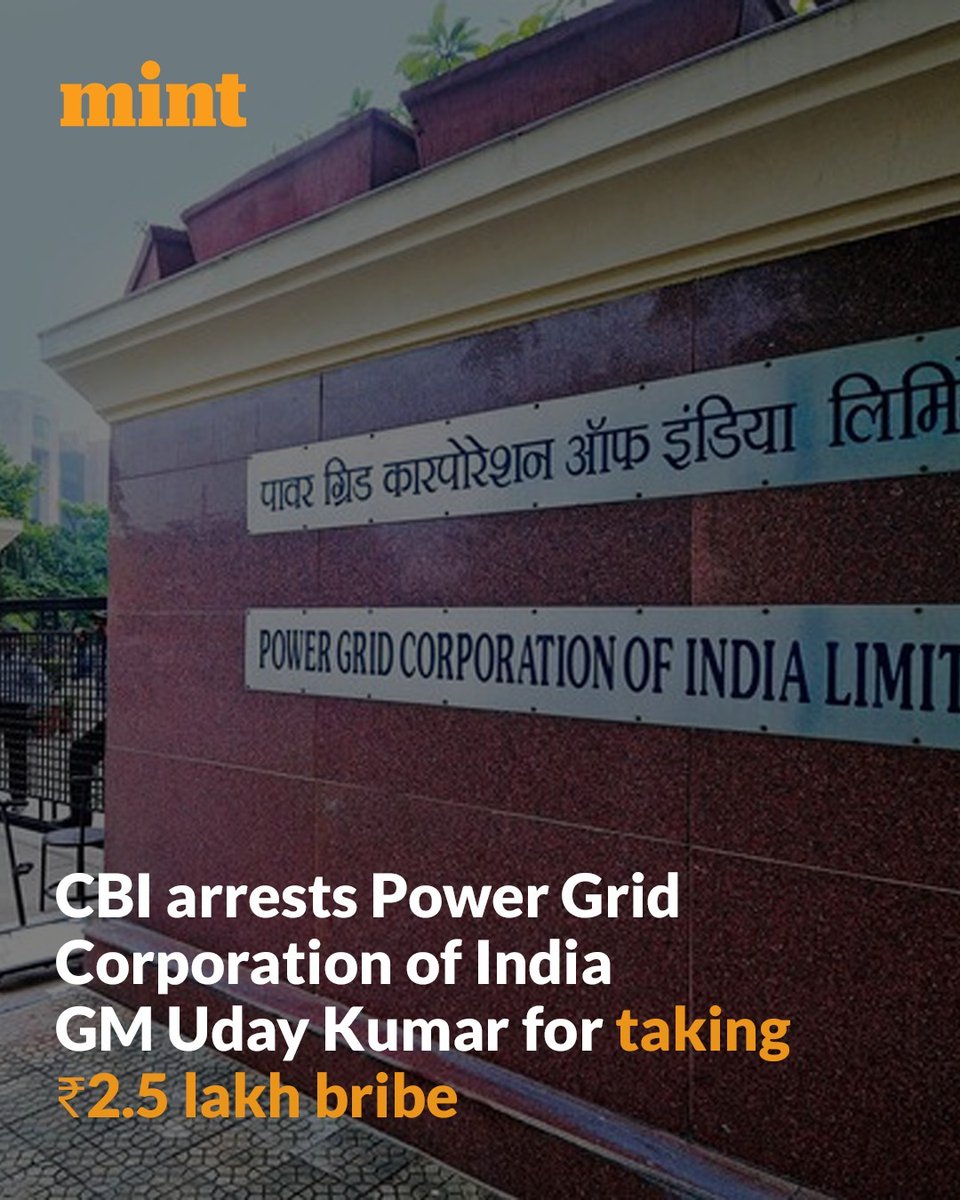 livemint's tweet photo. Uday Kumar, General Manager of Power Grid Corporation of India, was arrested , March 20, by the Central Bureau of Investigation (CBI) for allegedly taking a bribe of ₹2.5 lakh.
Read more: https://t.co/FuHTadv5in
#CBI #UdayKumar #PowerGridCorporationOfIndia #PGCOI https://t.co/x27n0Bw5XB
