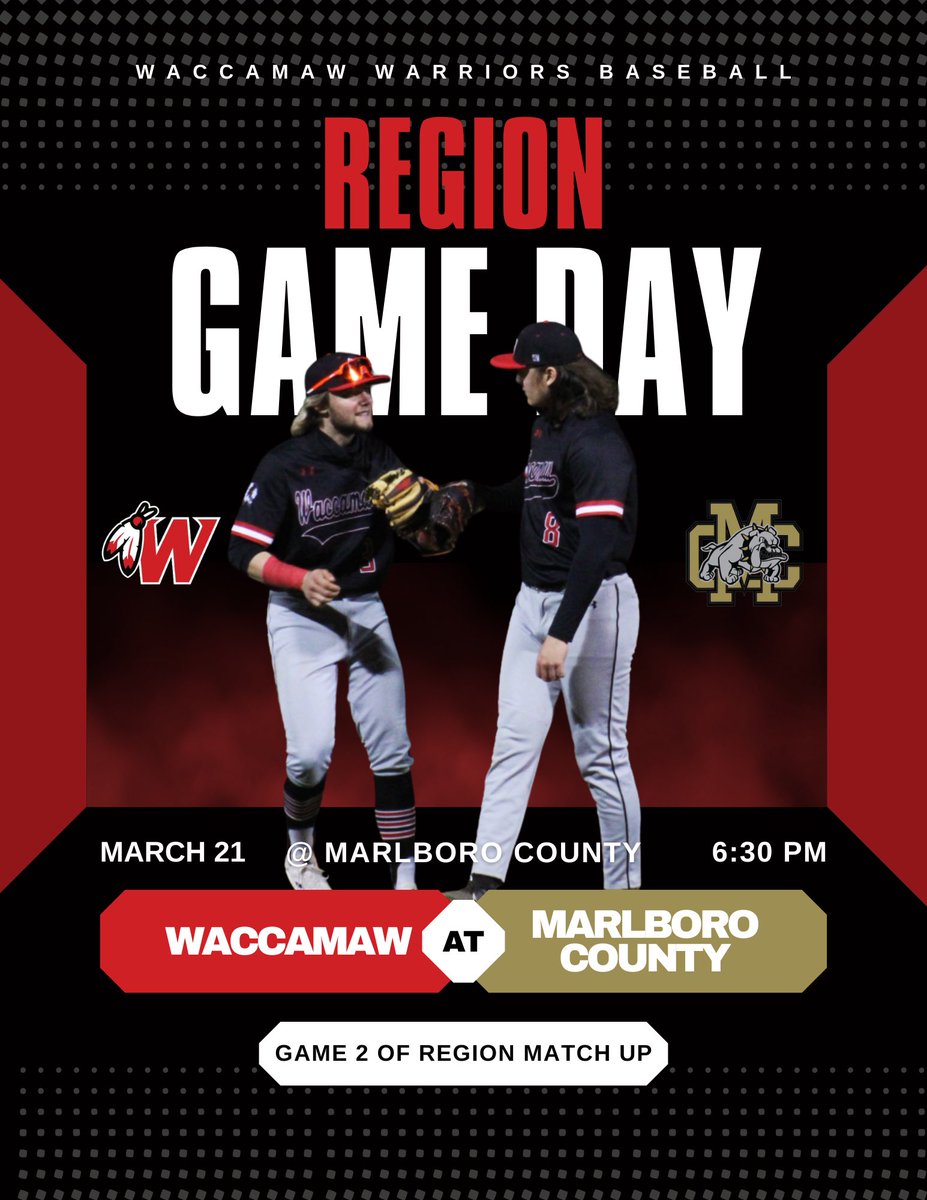 Game Day! Region Match Game 2 @ Marlboro County tonight at 6:30PM.

Diego Patrick on the bump. Let’s go get a W!!!

#WaccamawBaseball