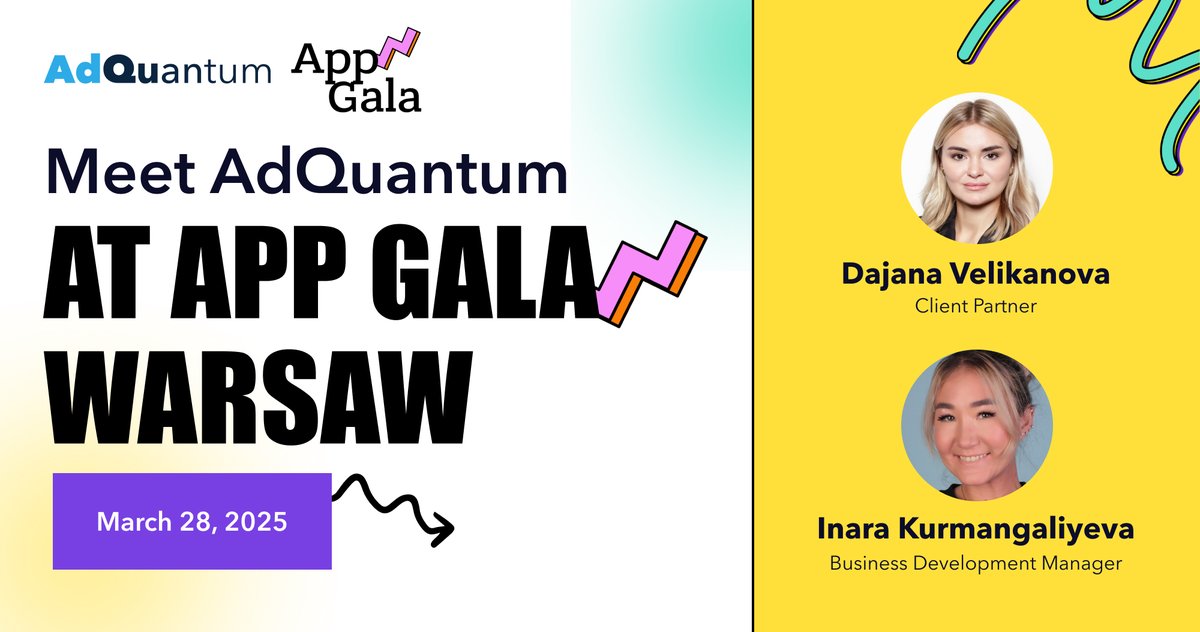 AdQuantum is excited to attend the AppGala Conference in Warsaw on March 28th 🇵🇱

Next week, catch up with our bizdev experts, Dajana Velikanova and Inara Kurmangaliyeva, to explore new partnership opportunities and growth strategies.

If you’ll be passing by, let’s meet up!