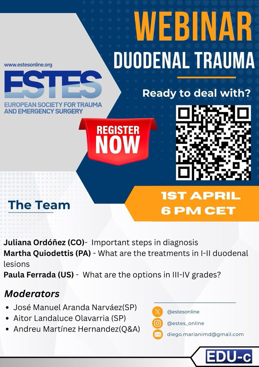 Do you have any doubt about duodenal trauma?SAVE THE DATE!!! <a href="/julianita206/">Juliana Maria Ordoñez MD FACS MACC MSPT</a> <a href="/traumapty/">Dr. Martha Quiodettis</a> <a href="/pferrada1/">Paula Ferrada MD FACS FCCM MAMSE</a> . Amazing speakers. <a href="/StcuaeC/">AECUrg</a> <a href="/estesonline/">European Society for Trauma & Emergency Surgery</a> <a href="/diemar70/">Diego Mariani</a> <a href="/RNCsantander/">Dieter Morales #yosoydelclinico</a> <a href="/garybassmd/">Gary Alan Bass</a> <a href="/AMGC_Surg/">Ana González, MD, PhD, FEBS Em Surg</a> <a href="/PipeCabreraV/">Dr Luis Felipe Cabrera Vargas MD FACS MACC MACCVA</a> <a href="/Drmribeirojr/">Marcelo Ribeiro Jr, MD, MSc, PhD, FACS, MAMSE</a> <a href="/Drmribeirojr/">Marcelo Ribeiro Jr, MD, MSc, PhD, FACS, MAMSE</a> . Soon the link