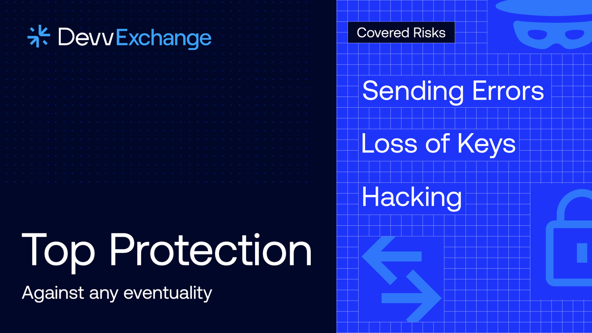 DevvExchange's tweet photo. 🛡 Covered Risks:
▪️ Sending Errors
▪️ Loss of Keys
▪️ Hacking

And that’s just the beginning. At DevvExchange, we’ve got you covered.

🔍 What else would you like to see protected?