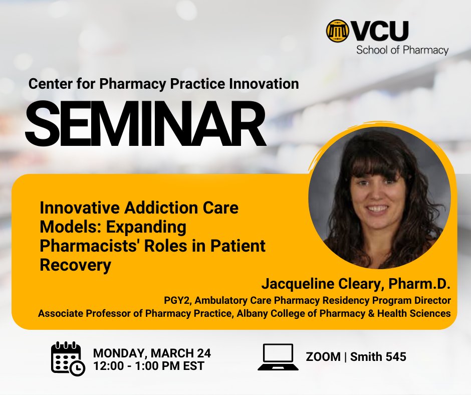 Center for Pharmacy Practice Innovation (@vcupharmacycppi) on Twitter photo Join our next #CPPISeminar: Innovative addiction care models: Expanding pharmacists' roles in patient care with Jacqueline Cleary, Pharm.D. from <a href="/acphsofficial/">Albany College of Pharmacy and Health Sciences</a>.
March 24, 2025 | 12:00 PM EST | Virtual | Free CE
Register: bit.ly/CPPISeminar
#Pharmacy #Addiction #Pharmacist Join our next #CPPISeminar: Innovative addiction care models: Expanding pharmacists' roles in patient care with Jacqueline Cleary, Pharm.D. from <a href="/acphsofficial/">Albany College of Pharmacy and Health Sciences</a>.
March 24, 2025 | 12:00 PM EST | Virtual | Free CE
Register: bit.ly/CPPISeminar
#Pharmacy #Addiction #Pharmacist