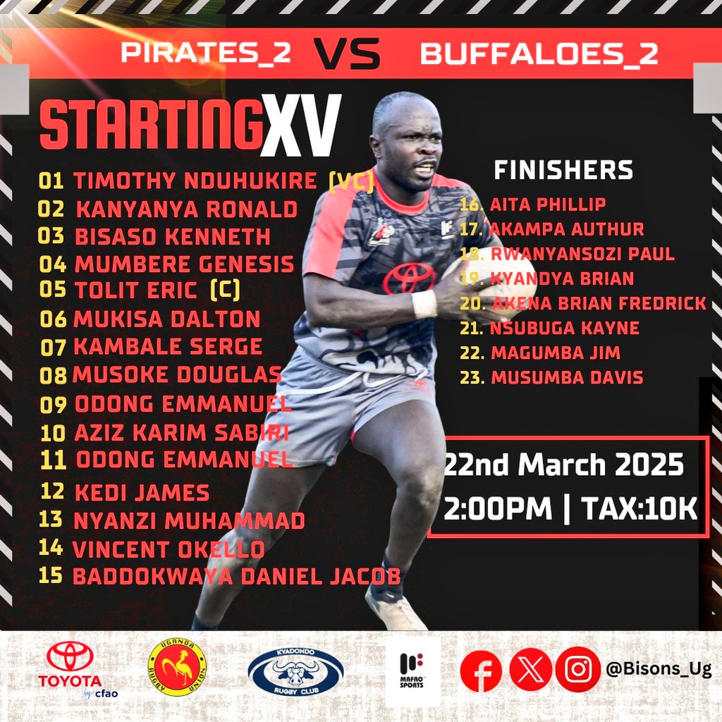 @Bisons (@bisons_ug) on Twitter photo The 8th is here <a href="/Kingsparkarena/">King's Park Arena</a> this weekend 22 March 2025.
The lads are ready to be hosted by <a href="/piratesrugbyUG/">PIRATES RUGBY</a> 2 tomorrow.
π
Date: 22nd March 2025
π Time: 2:00PM
π Venue: <a href="/Kingsparkarena/">King's Park Arena</a>
#ToyotaBuffaloes
#BuffaloSoldiers
#HarderStrongerForLonger
#OneTeamOneSpiritOneWin The 8th is here <a href="/Kingsparkarena/">King's Park Arena</a> this weekend 22 March 2025.
The lads are ready to be hosted by <a href="/piratesrugbyUG/">PIRATES RUGBY</a> 2 tomorrow.
π
Date: 22nd March 2025
π Time: 2:00PM
π Venue: <a href="/Kingsparkarena/">King's Park Arena</a>
#ToyotaBuffaloes
#BuffaloSoldiers
#HarderStrongerForLonger
#OneTeamOneSpiritOneWin