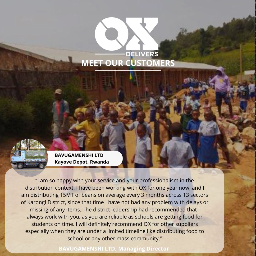 Meet our customers 🚛⚡️🌍

At Ox Delivers, we take pride in supporting local businesses like Bavugamenshi LTD in Rwanda. We're committed to ensuring their supply chain operates efficiently at the Kayove Depot. Discover the positive impact we've made together! #OXDelivers #Rwanda