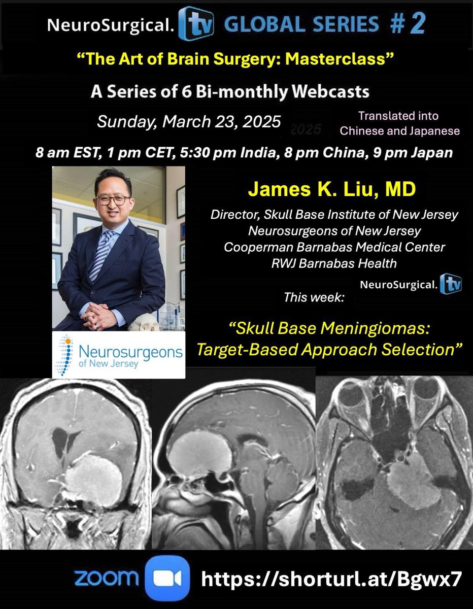James K. Liu, MD (@skullbasemd) on Twitter photo Excited to start my bimonthly lecture series, "The Art of Brain Surgery: Masterclass" with <a href="/NeuroSurgicalTV/">neurosurgicalTV</a>. Kicking off first episode with: “Skull Base Meningiomas: Target-Based Approach Selection” this Sunday, March 23 at 8 am EST. Learn the nuances of the technique, tips and Excited to start my bimonthly lecture series, "The Art of Brain Surgery: Masterclass" with <a href="/NeuroSurgicalTV/">neurosurgicalTV</a>. Kicking off first episode with: “Skull Base Meningiomas: Target-Based Approach Selection” this Sunday, March 23 at 8 am EST. Learn the nuances of the technique, tips and