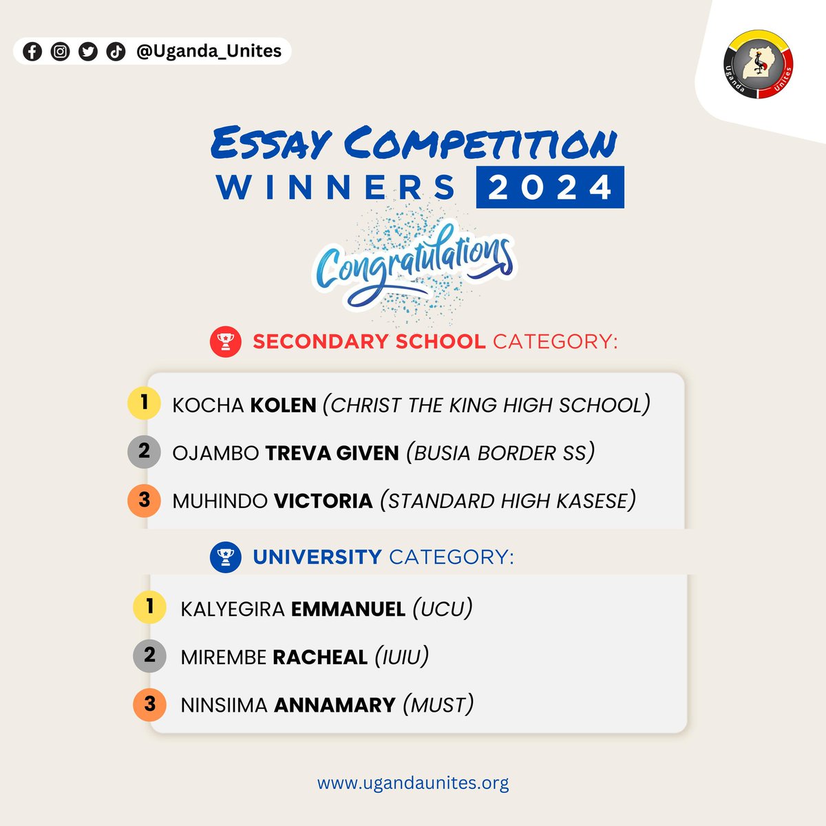 🎉The wait is over.🥁 Our essay results are in! 🏆
Here are the Top 3 in both the Secondary School &amp; University categories. 

Congratulations to all participants — you're all stars! 🌟
