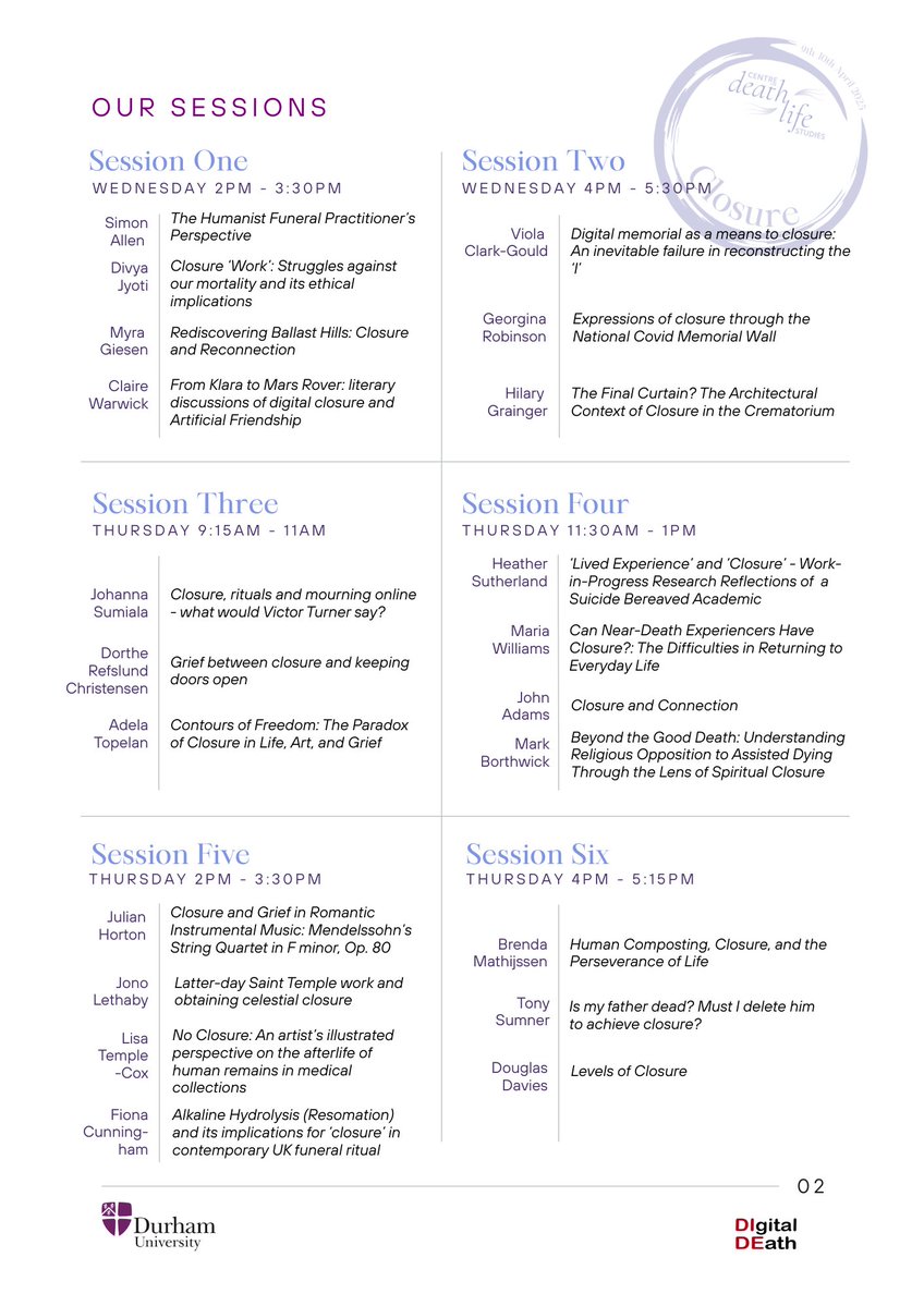 Centre for Death and Life Studies (@durhamcdals) on Twitter photo A single word can carry many meanings, speak truth, lies, cause confusion, grant wisdom or deception: is ‘closure’ one such word? 💫
We warmly invite you to attend our Closure Conference <a href="/durham_uni/">Durham University</a> 9-10th April 2025, with registration open via this link: pay.durham.ac.uk/event-durham/c… A single word can carry many meanings, speak truth, lies, cause confusion, grant wisdom or deception: is ‘closure’ one such word? 💫
We warmly invite you to attend our Closure Conference <a href="/durham_uni/">Durham University</a> 9-10th April 2025, with registration open via this link: pay.durham.ac.uk/event-durham/c…